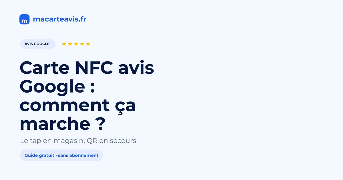 Carte NFC avis Google posée au comptoir Téléphone approché d'une carte NFC et QR sur un comptoir, écran d'avis Google ouvert