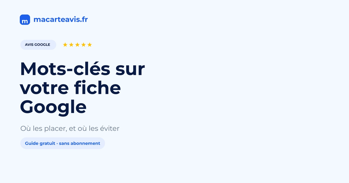 Fiche Google Business Profile ouverte, emplacements possibles pour les mots-clés