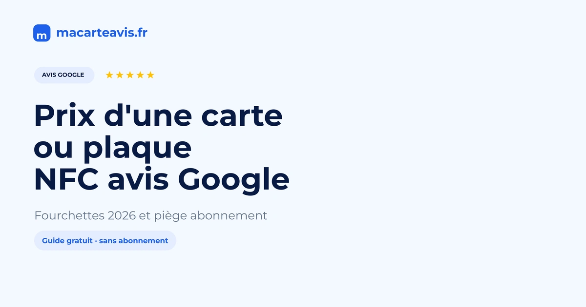 Carte et plaque NFC avis Google posées sur un comptoir, avec prix et QR visibles