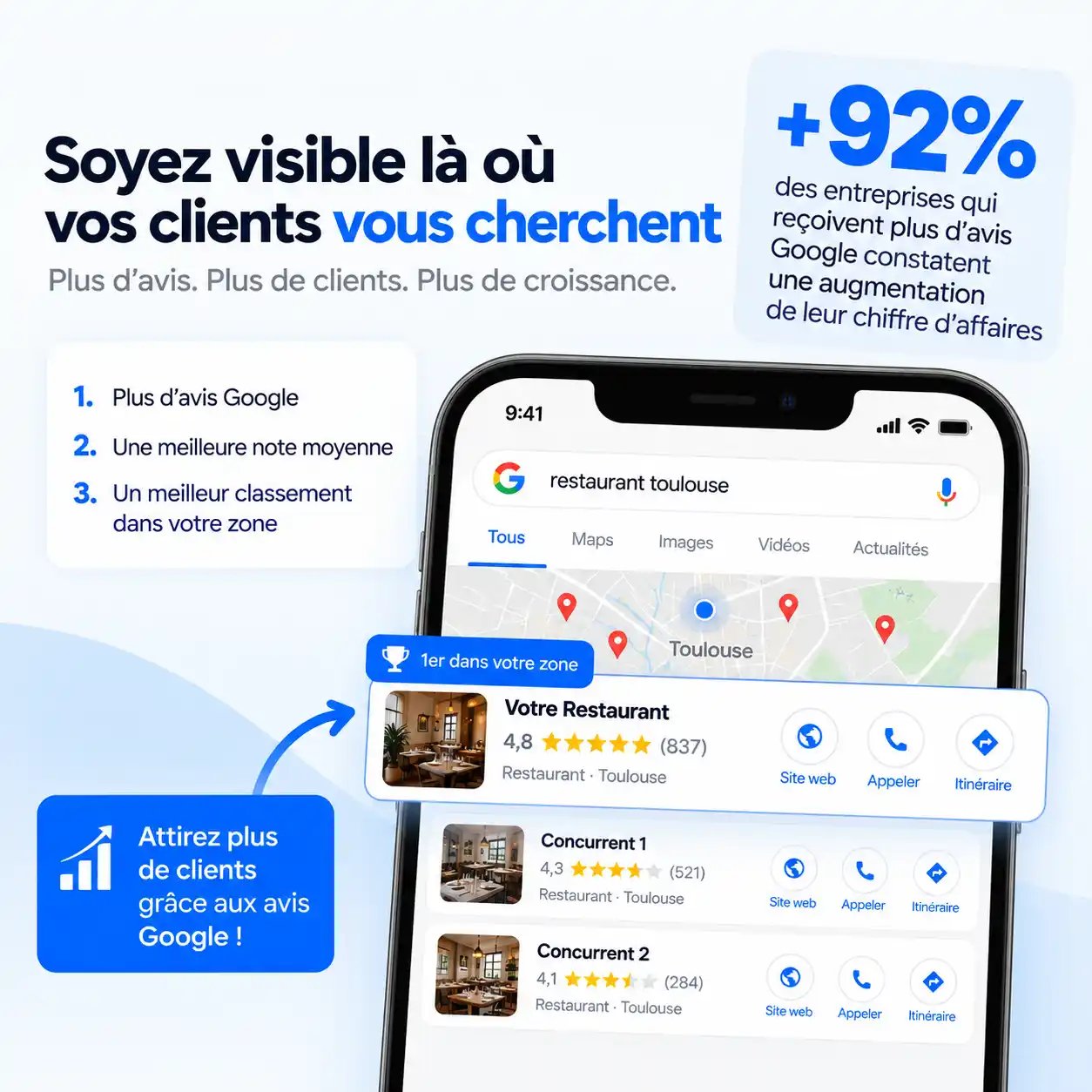 Restaurant en première position Google Maps grâce à plus d'avis clients