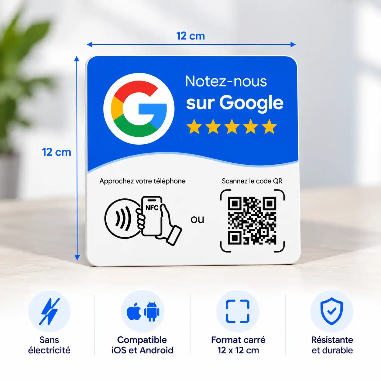 Support NFC + QR Ma Carte Avis (carte / plaque 12 × 12 cm), même produit que la carte avis Google
